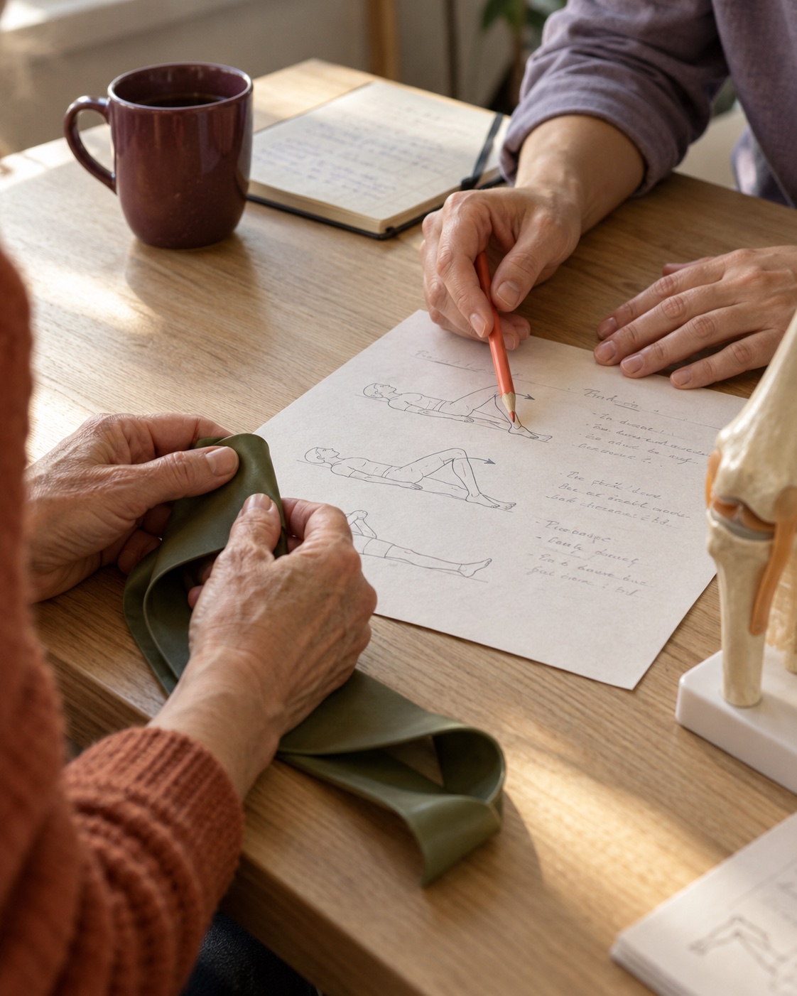 A client and physiotherapist reviewing an illustrated exercise plan together at a consultation desk