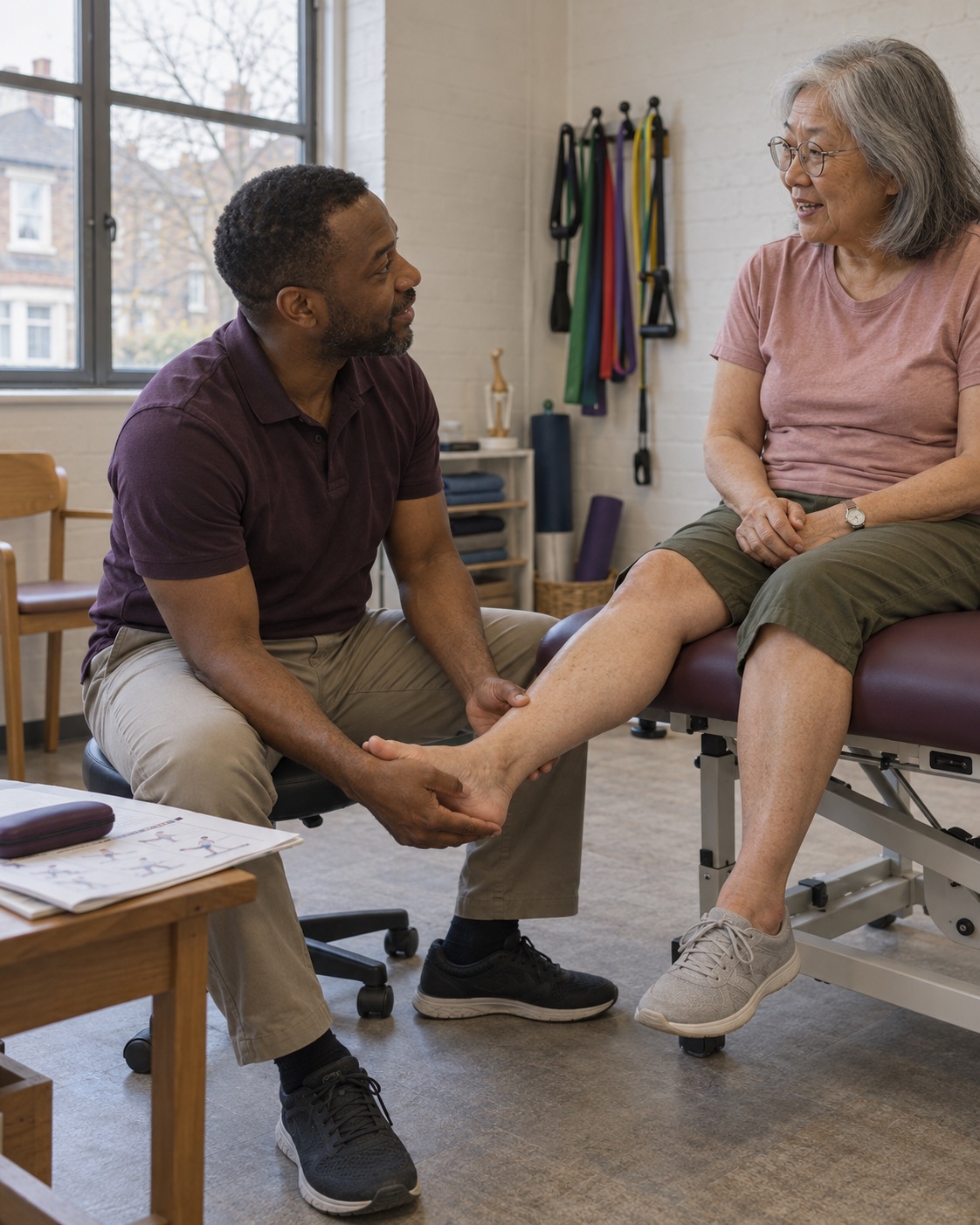 A physiotherapist assessing an older client’s ankle mobility during a one-on-one treatment session