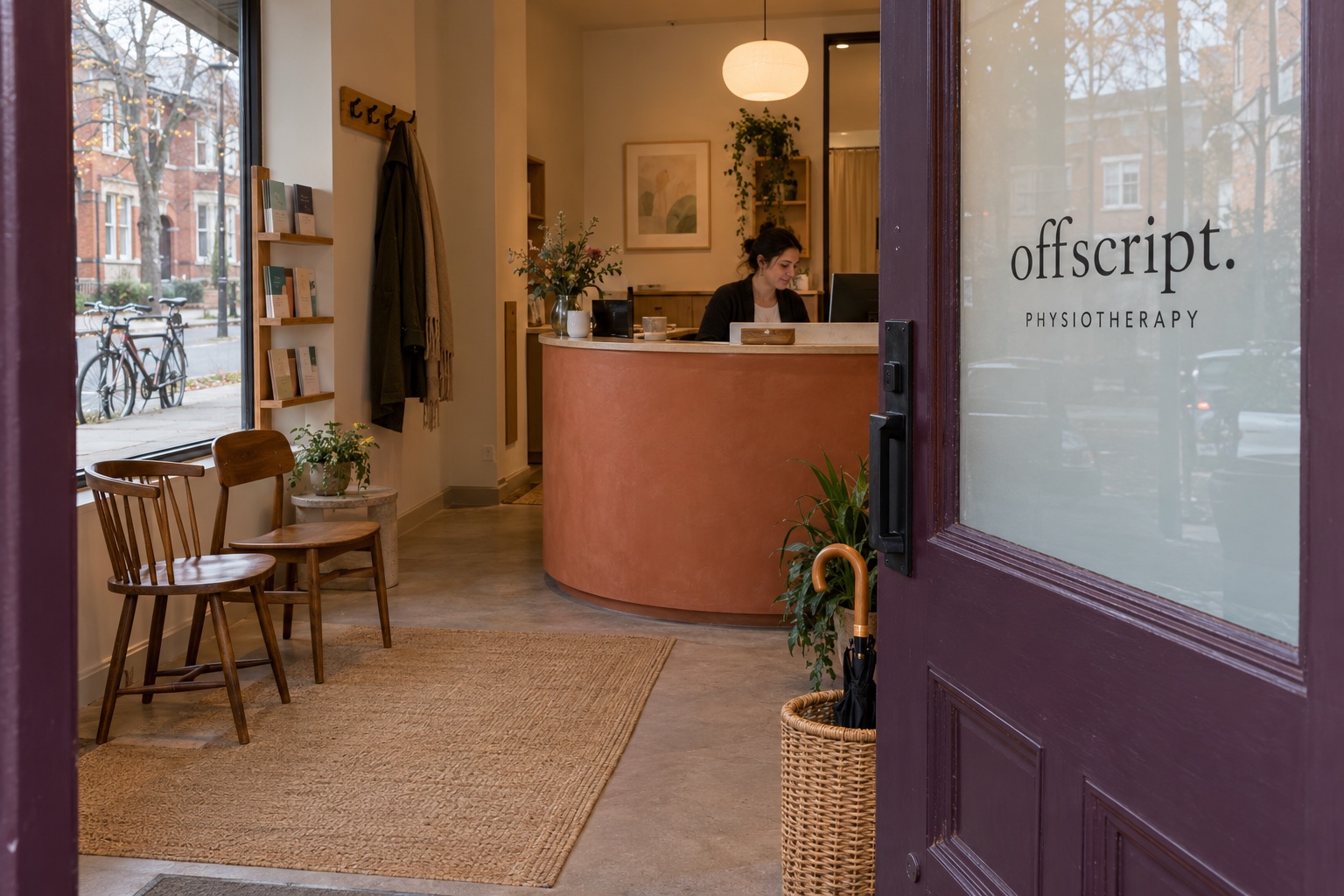 The entrance and reception of the fictional Offscript neighbourhood physiotherapy clinic